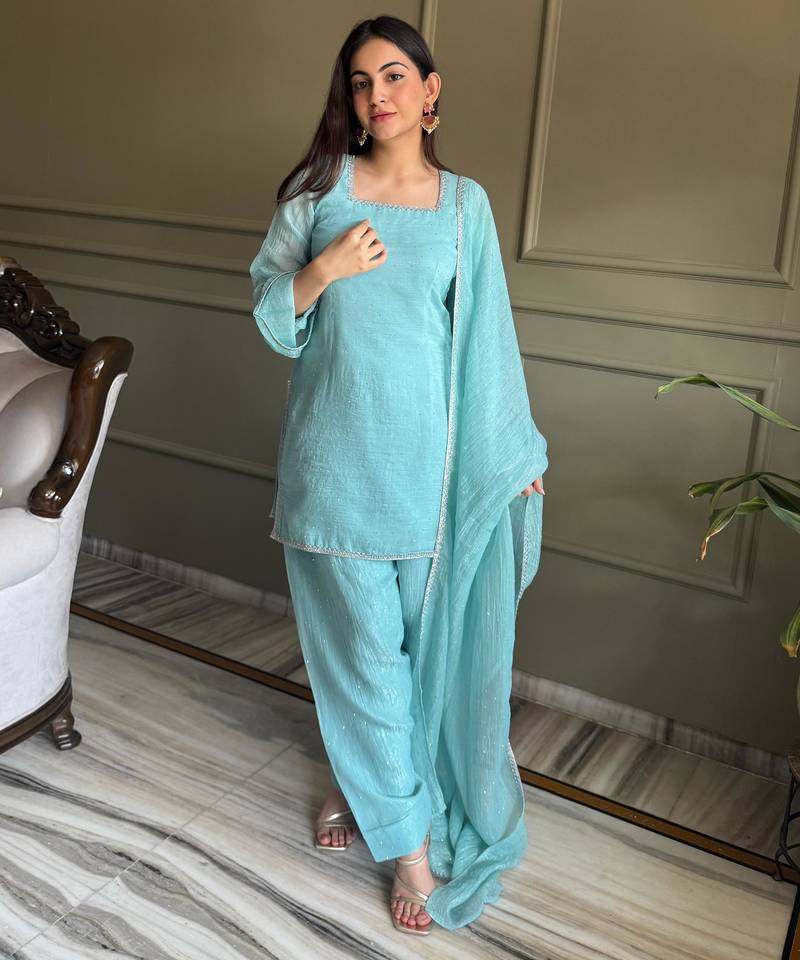 Sky Blue Crunchy Silk Farshi Salwar Suit Set with Siroski Work