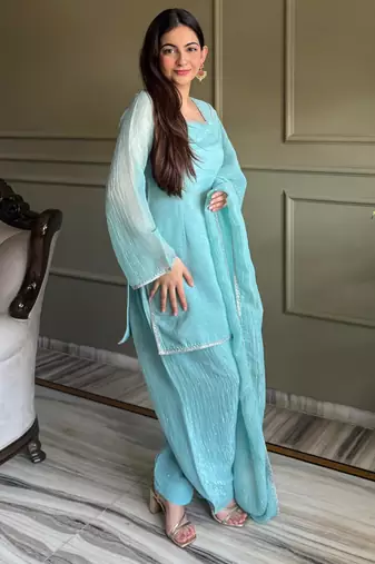 sky blue silk swarovski work farshi salwar suit