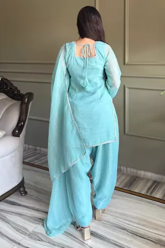 sky blue silk swarovski work farshi salwar suit