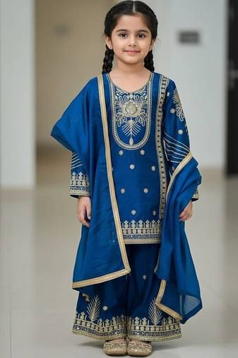 Blue embroidered sequence work fendy silk kids kurta set