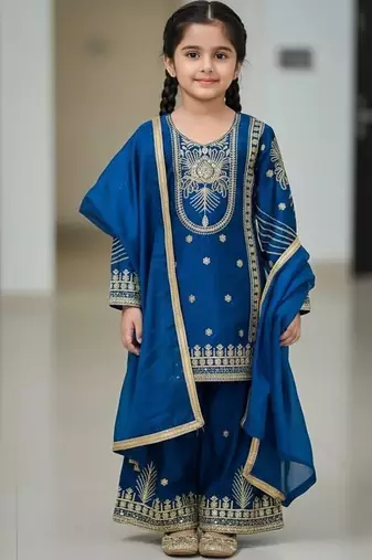 Blue embroidered sequence work fendy silk kids kurta set