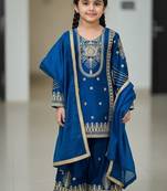 Blue embroidered sequence work fendy silk kids kurta set