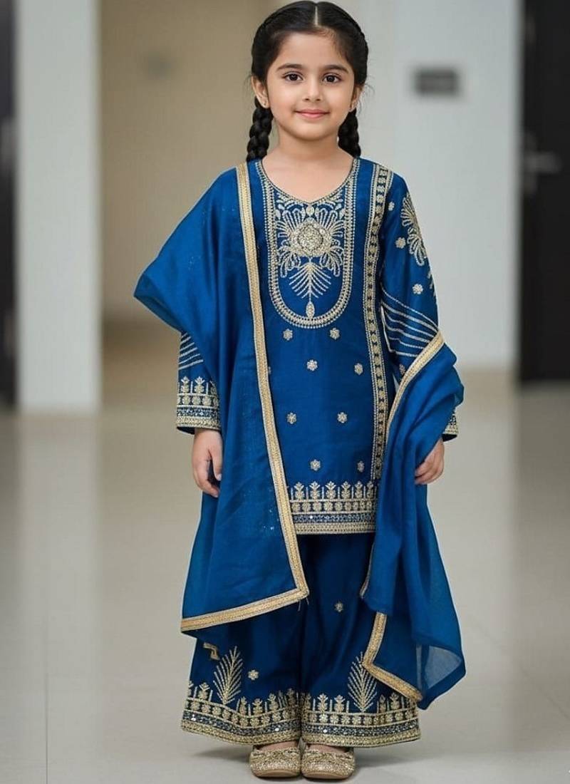 Blue embroidered sequence work fendy silk kids kurta set
