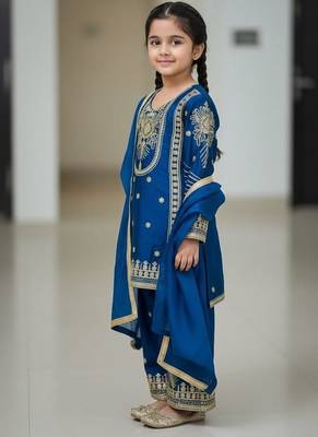Blue embroidered sequence work fendy silk kids kurta set 2