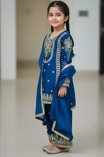 Blue embroidered sequence work fendy silk kids kurta set