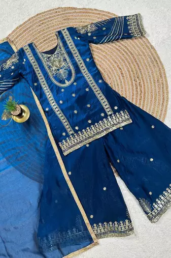 Blue embroidered sequence work fendy silk kids kurta set