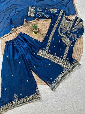 Blue embroidered sequence work fendy silk kids kurta set 4