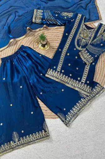 Blue embroidered sequence work fendy silk kids kurta set