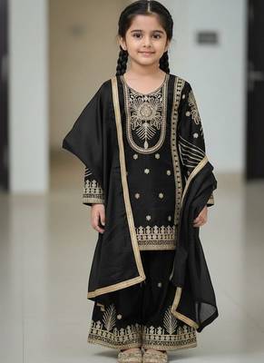 Black embroidered sequence work fendy silk kids kurta set 1