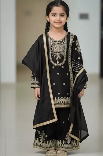 Black embroidered sequence work fendy silk kids kurta set