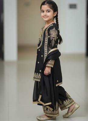 Black embroidered sequence work fendy silk kids kurta set 2