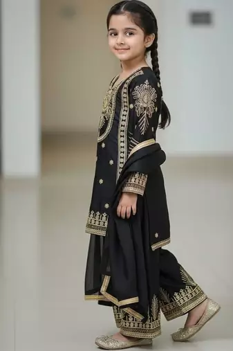 Black embroidered sequence work fendy silk kids kurta set