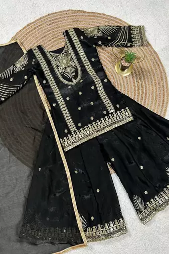 Black embroidered sequence work fendy silk kids kurta set