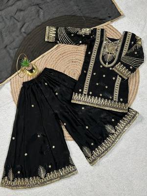 Black embroidered sequence work fendy silk kids kurta set 4