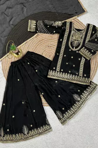 Black embroidered sequence work fendy silk kids kurta set