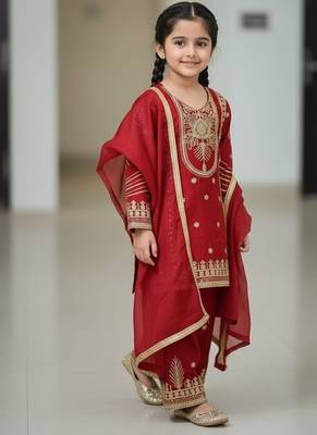 Red embroidered sequence work fendy silk kids kurta set 1