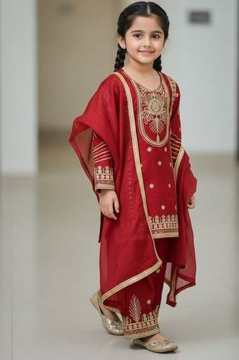 Red embroidered sequence work fendy silk kids kurta set