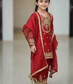 Red embroidered sequence work fendy silk kids kurta set