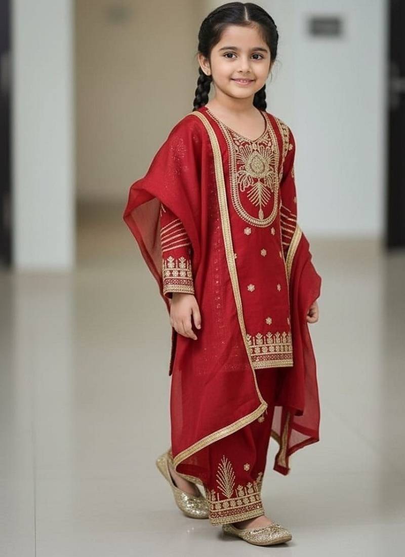 Red embroidered sequence work fendy silk kids kurta set