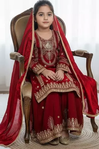 Red embroidered sequence work fendy silk kids kurta set