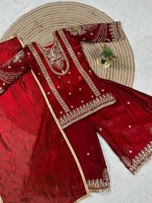 Red embroidered sequence work fendy silk kids kurta set 3