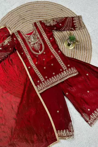 Red embroidered sequence work fendy silk kids kurta set
