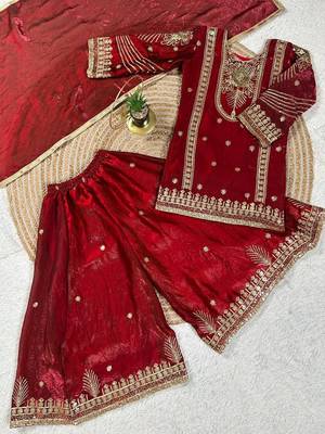 Red embroidered sequence work fendy silk kids kurta set 4
