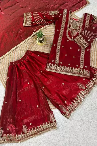 Red embroidered sequence work fendy silk kids kurta set