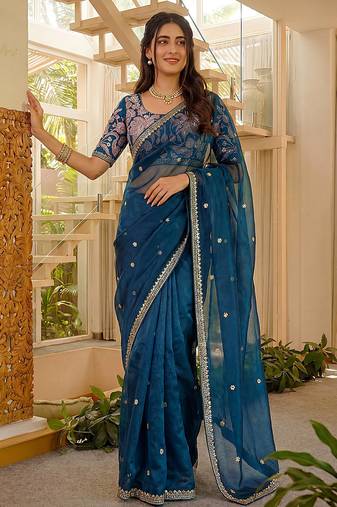 blue silk party wear saree with bangalore silk blouse