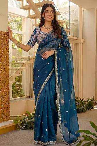 blue silk party wear saree with bangalore silk blouse