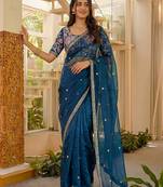 blue silk party wear saree with bangalore silk blouse