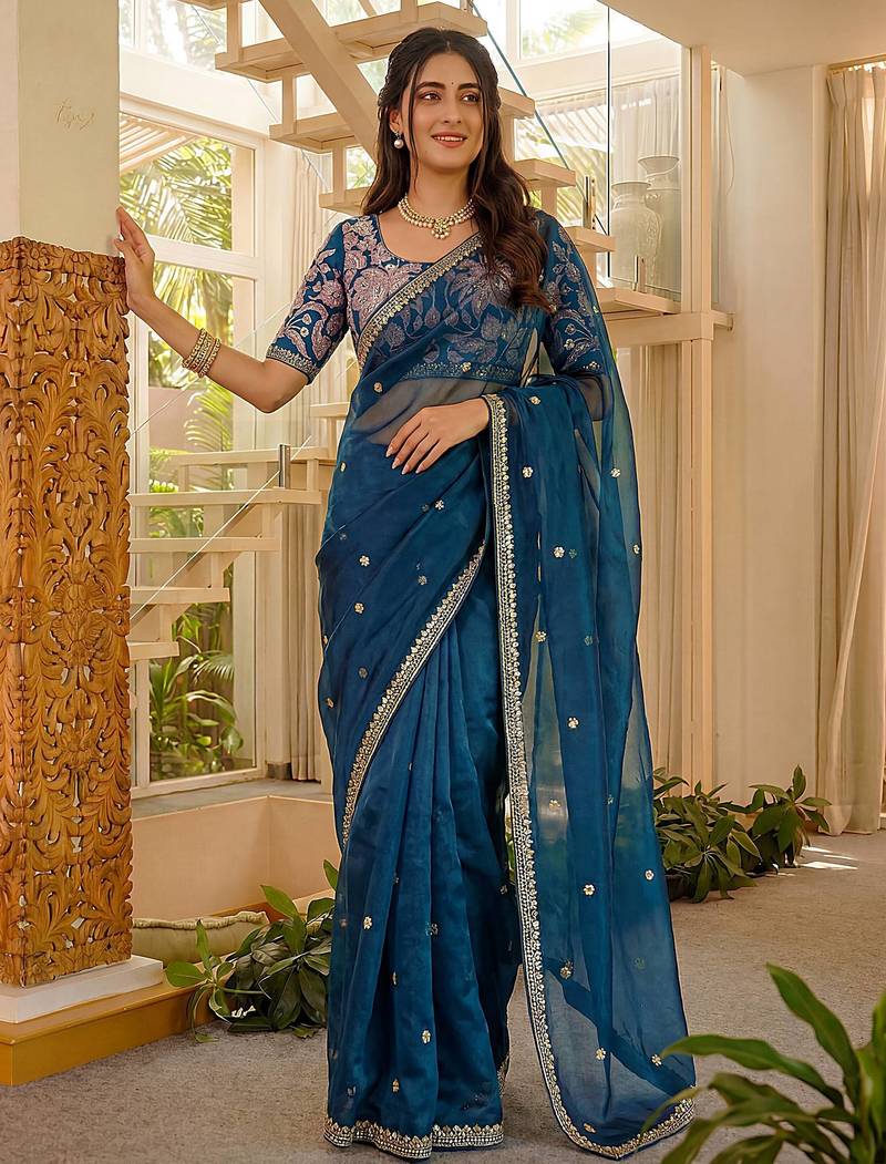 blue silk party wear saree with bangalore silk blouse