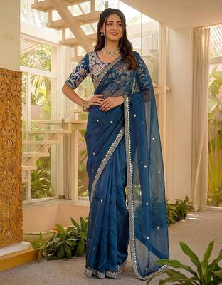 blue silk party wear saree with bangalore silk blouse 3