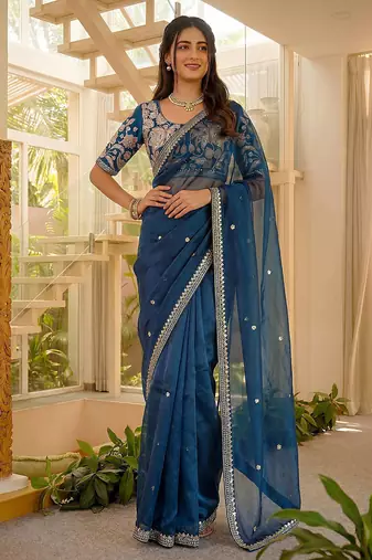 blue silk party wear saree with bangalore silk blouse