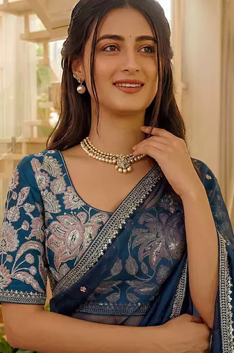 blue silk party wear saree with bangalore silk blouse