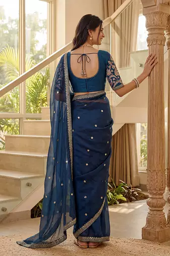 blue silk party wear saree with bangalore silk blouse