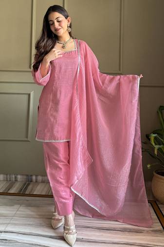 Pink Crunchy Silk Farshi Salwar Suit Set with Siroski Work