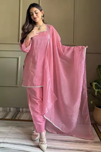 Pink Crunchy Silk Farshi Salwar Suit Set with Siroski Work