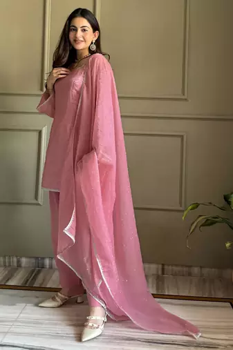 pink farshi style crunchy silk salwar suit with swarovski work 