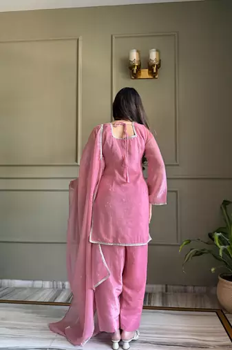 pink farshi style crunchy silk salwar suit with swarovski work 