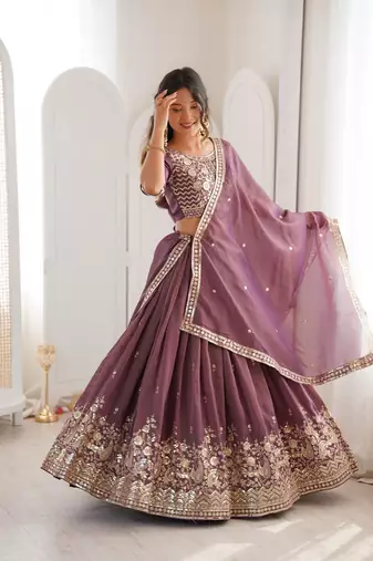 purple shimmer embroidered a line wedding lehenga choli
