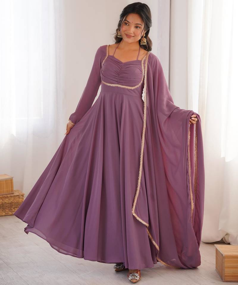 Mauve pink Heavy Blooming Georgette Anarkali Gown with Dupatta