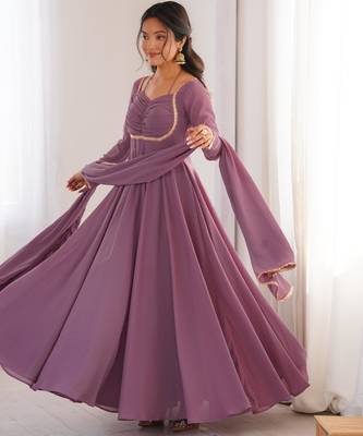 designer mauve pink georgette anarkali gown set with dupatta 2