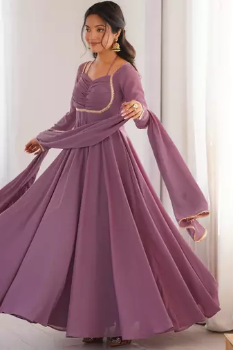 designer mauve pink georgette anarkali gown set with dupatta