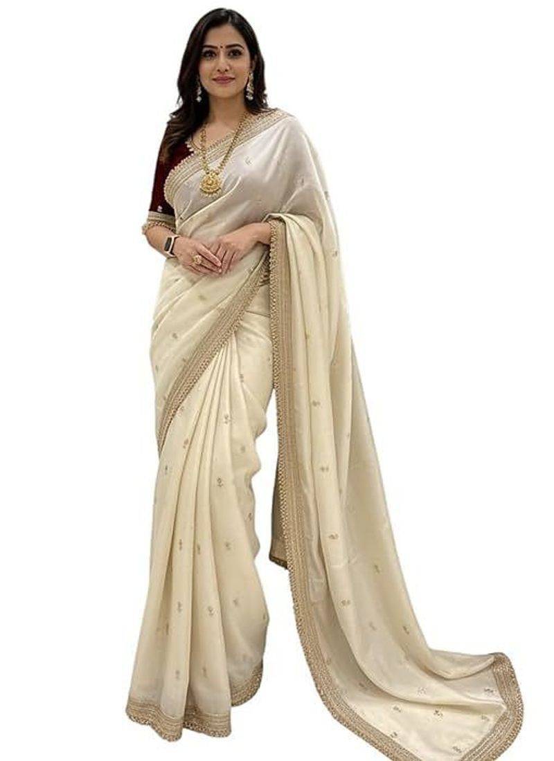sadika Fendy Space Silk Saree with Sequin Embroidery and Heavy Gold Fancy Fringes Lace Border 