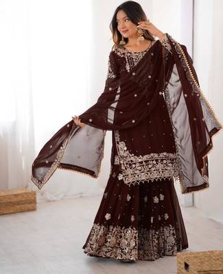 Brown faux georgette embroidered sharara set 1