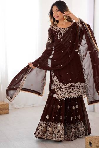 Brown faux georgette embroidered sharara set
