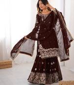Brown faux georgette embroidered sharara set