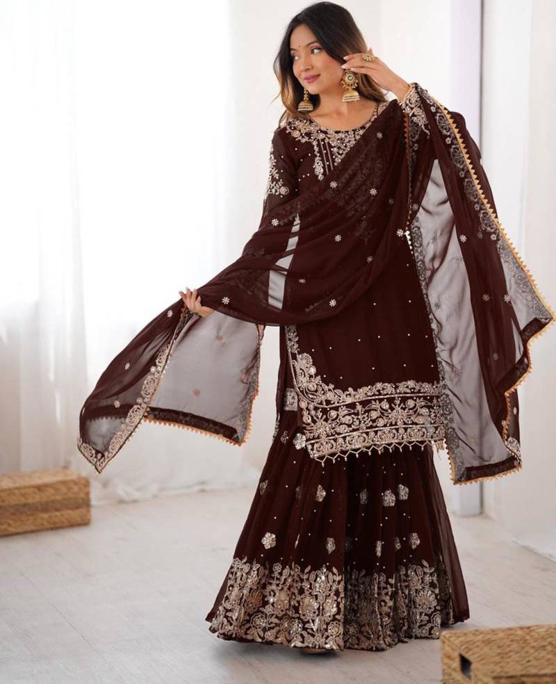 Brown faux georgette embroidered sharara set
