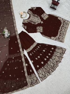 Brown faux georgette embroidered sharara set 2